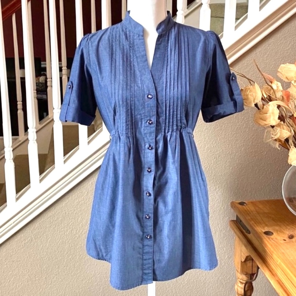 Pleated Tie-Back Short Sleeve Chambray Shirt